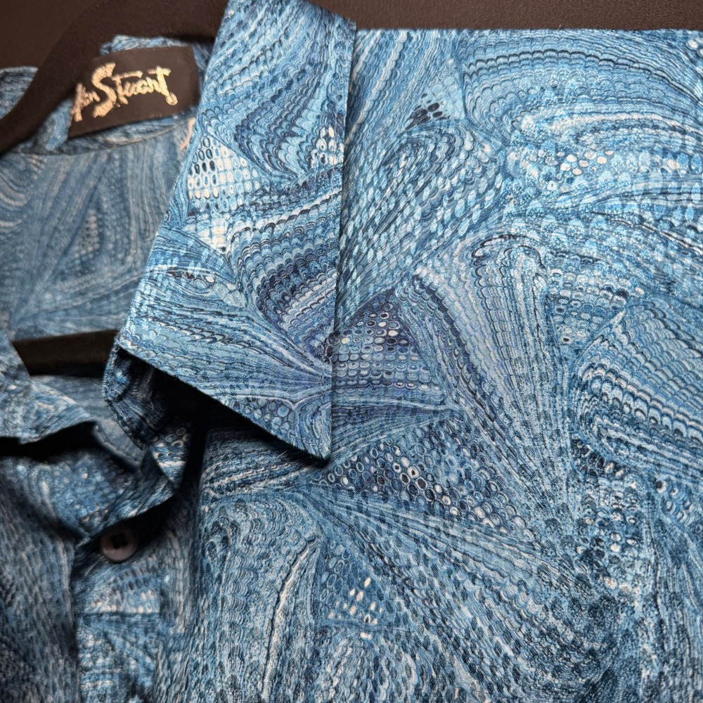 VTG Alan Stuart Polo Shirt Mens Large Blue Shiney Marbled Snake Print Banded Mob - Picture 5 of 14